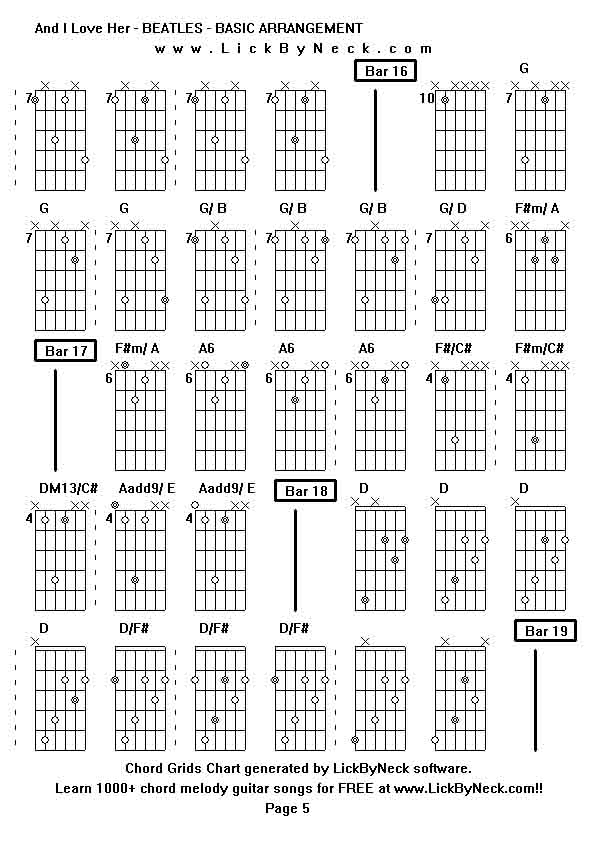 Chord Grids Chart of chord melody fingerstyle guitar song-And I Love Her - BEATLES - BASIC ARRANGEMENT,generated by LickByNeck software.